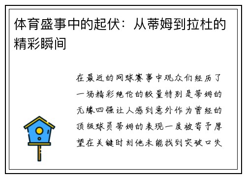 体育盛事中的起伏：从蒂姆到拉杜的精彩瞬间