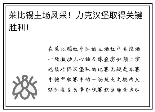 莱比锡主场风采！力克汉堡取得关键胜利！
