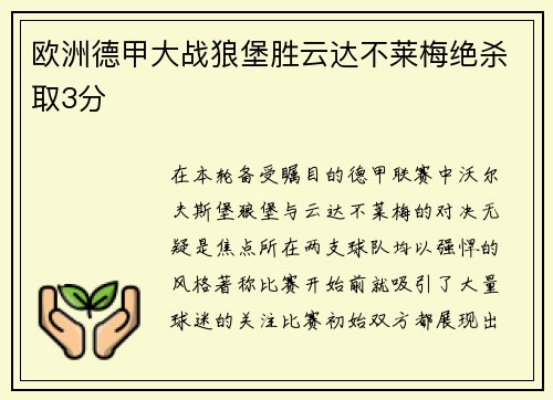 欧洲德甲大战狼堡胜云达不莱梅绝杀取3分