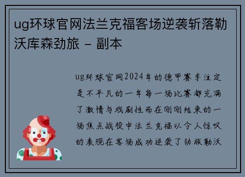 ug环球官网法兰克福客场逆袭斩落勒沃库森劲旅 - 副本